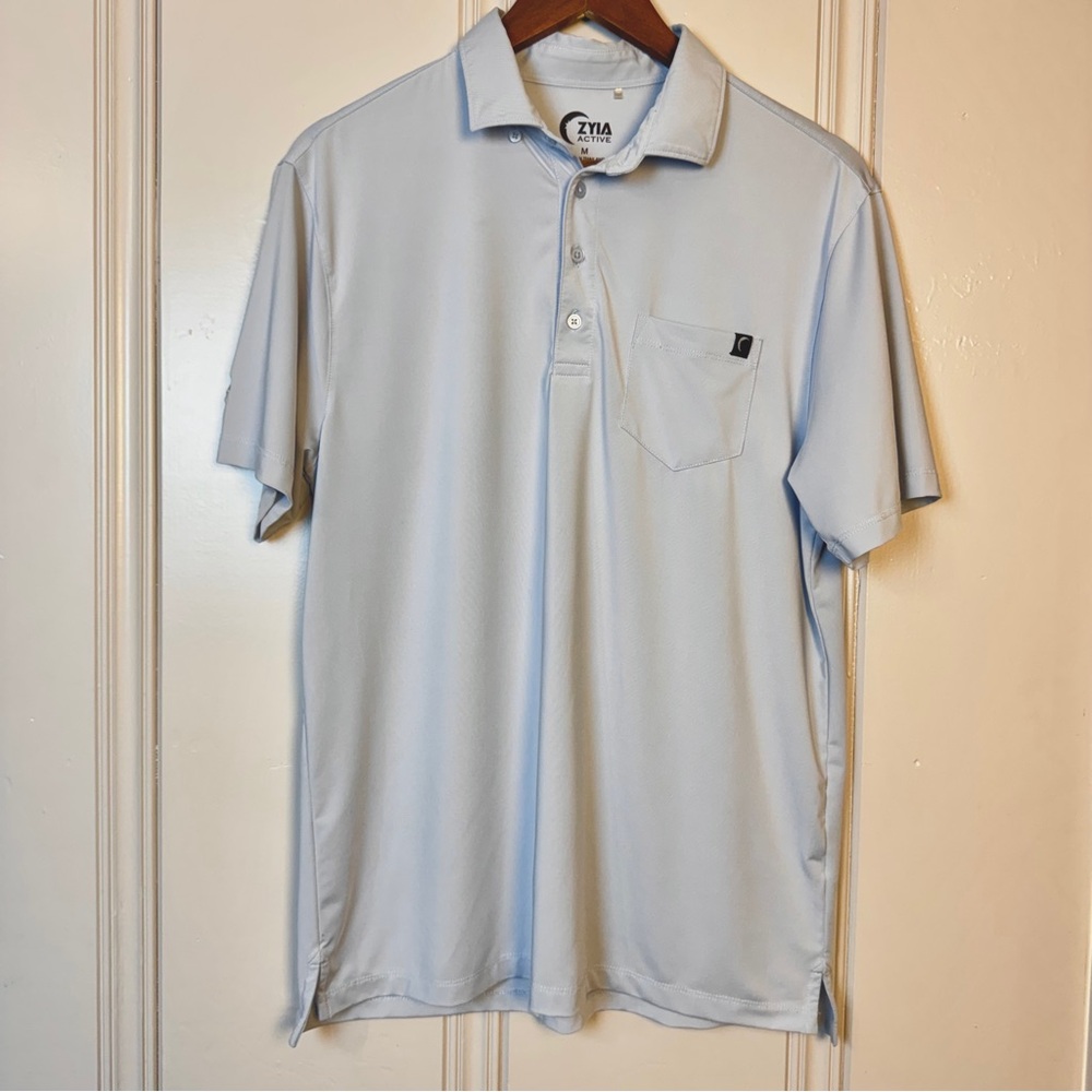 Men’s Zyia Active Performance Golf Polo Shirt‎ Button Down Collar Light Blue Med